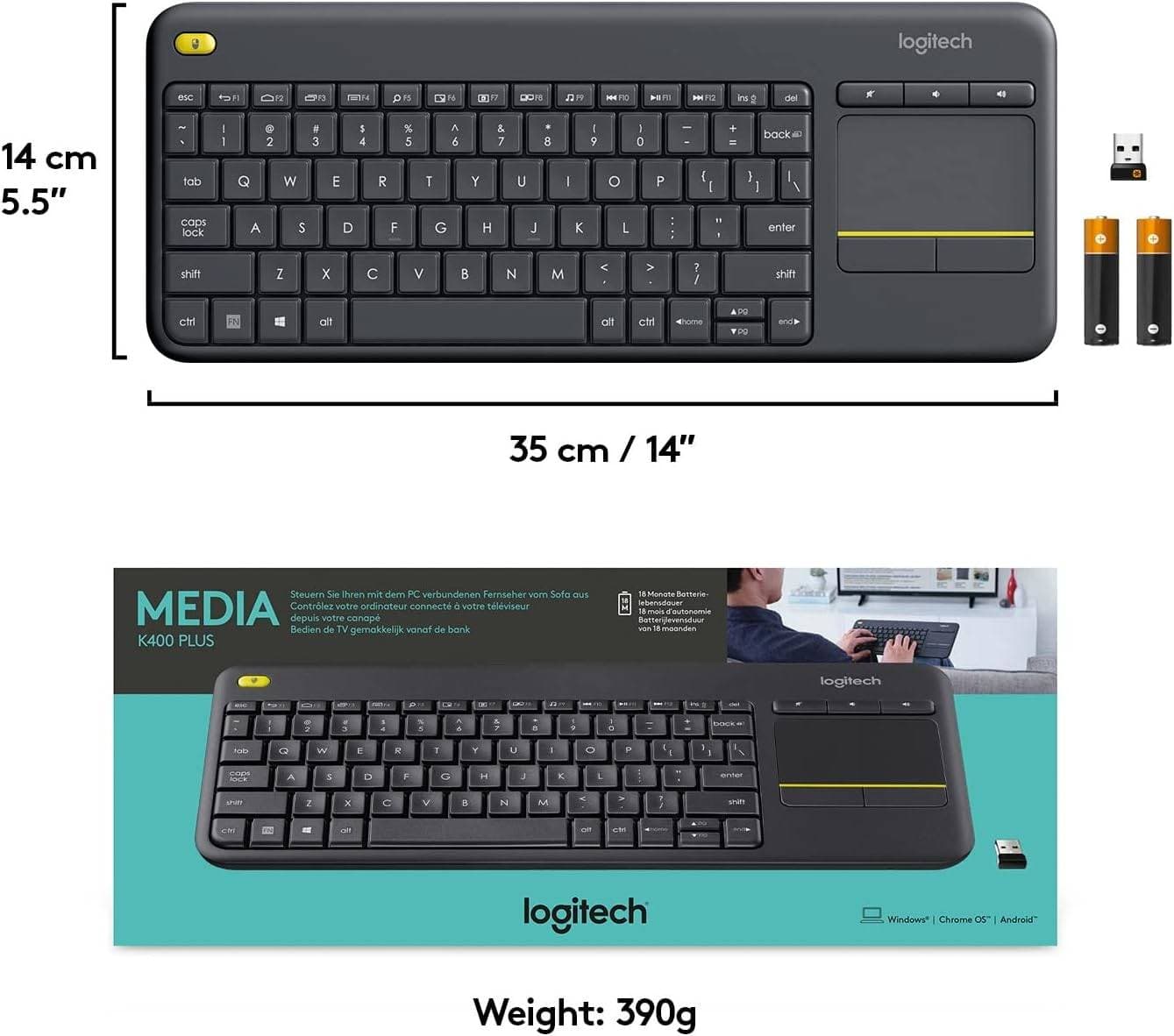 Logitech K400 Plus Wireless Livingroom Keyboard with Touchpad for Home Theatre PC Connected to TV, Customizable Multi-Media Keys, Windows, Android,
