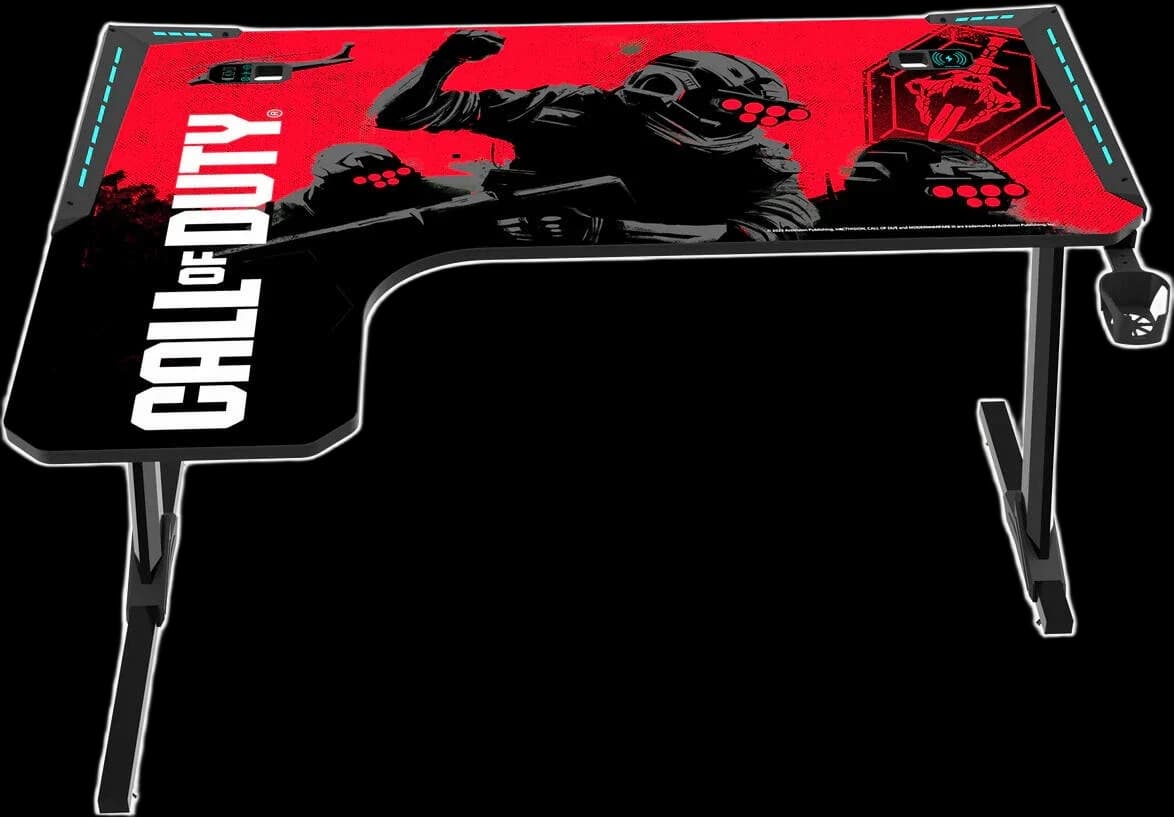 GAMEON Call Of Duty Phantom XL-L L-Shaped RGB Flowing Light Gaming Desk With Mouse Pad, HP Hook, Cup Holder, Cable Mgt, Gamepad Holder, Qi Wireless Charger & USB Hub, Black-Red