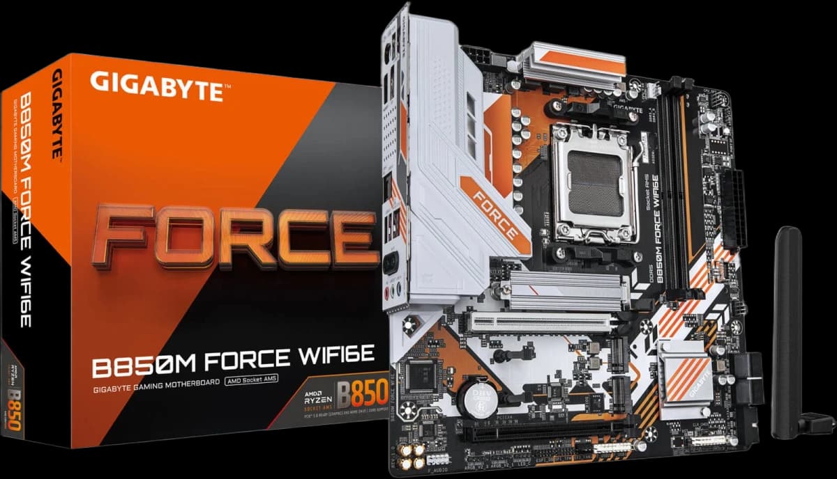 GIGABYTE B850M FORCE WIFI6E AM5 Micro ATX Motherboard, AMD B850 Chipset, 2x DDR5 DIMM Slots, Up to 256GB Max Memory, 1x PCIe 5.0 x16 Slot, 3x M.2 Slots, WiFi 6E & BT 5.3